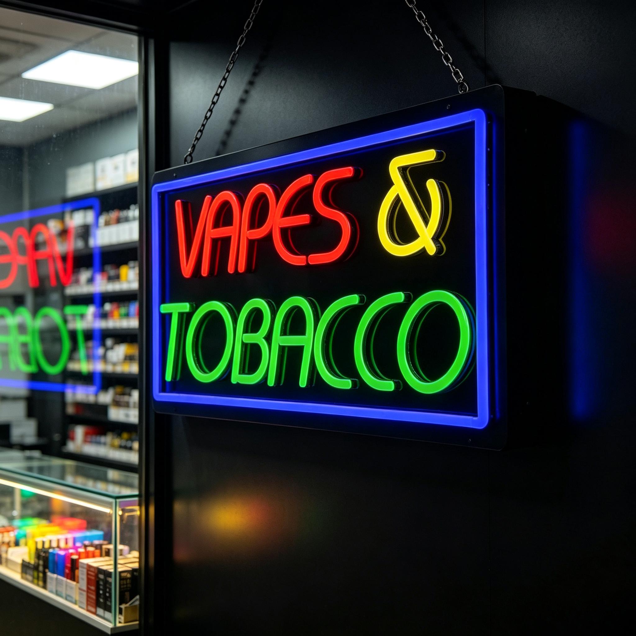 Neonreclame voor tabak en vape - Vaping Store recensie en prijs