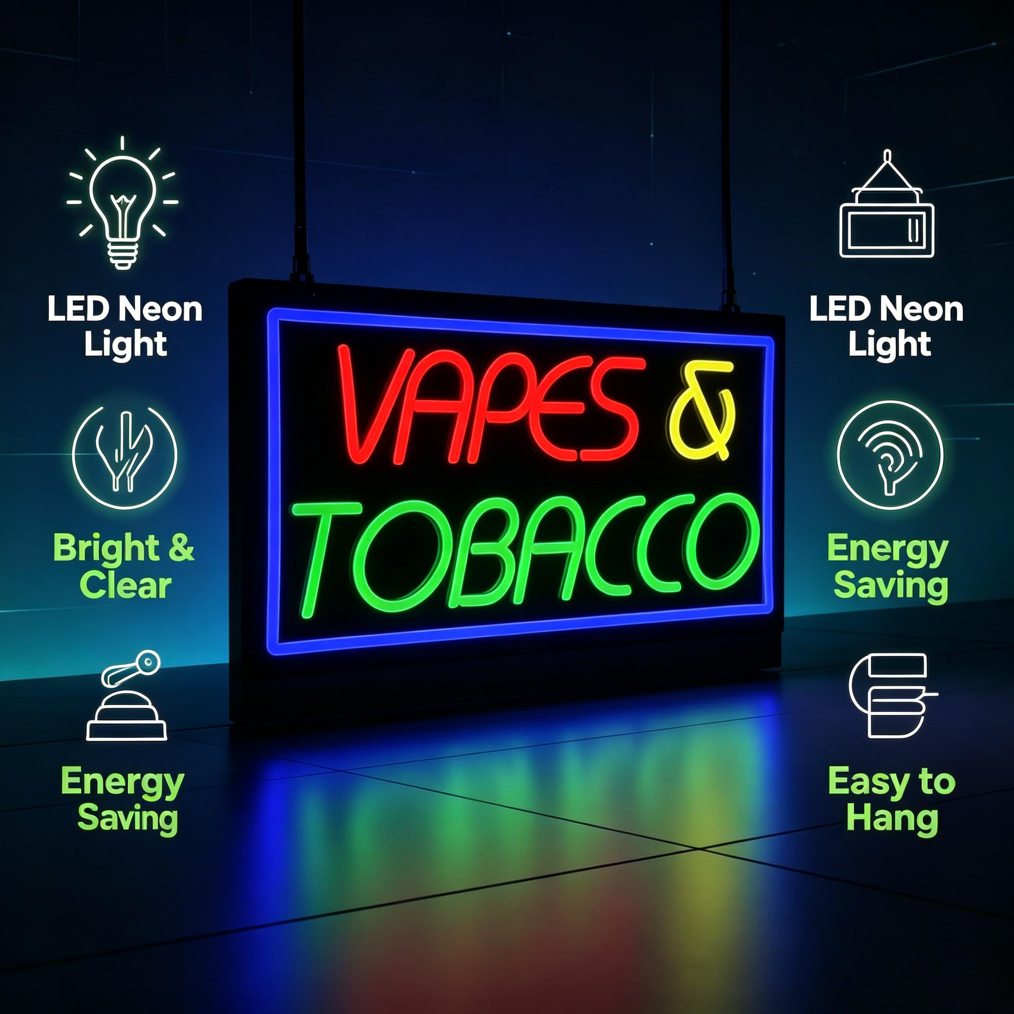 Neonreclame voor tabak en vape - Vaping Store recensie en prijs